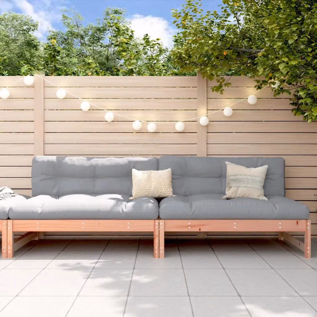 Set di 2 divani centrali da giardino vidaXL in legno massello con cuscini in tessuto, L: 120 cm, P: 80 cm