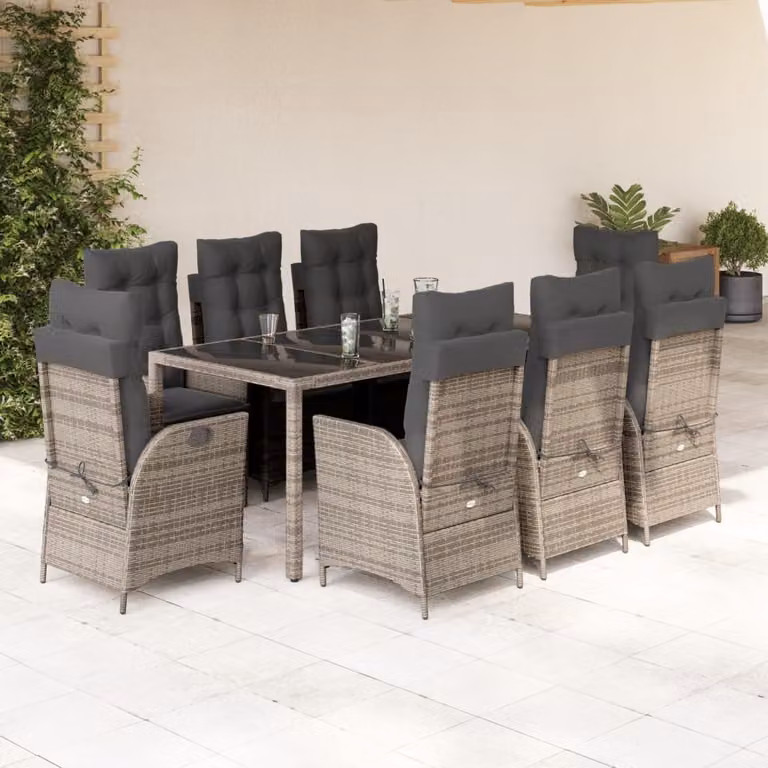 vidaXL Set da Pranzo da Giardino 9 pz in Polyrattan Grigio con Piano in Vetro