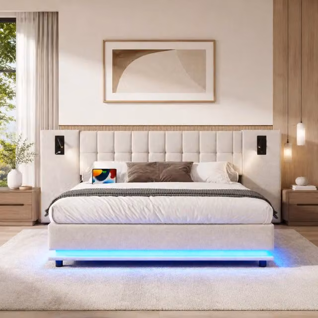 Letto imbottito 180x200 cm beige in lino con LED, luce da lettura e USB
