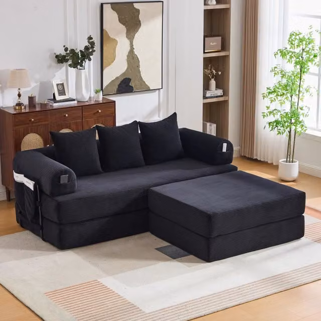 Divano modulare 200x190x67 cm con pouf e tasca laterale; velluto a coste nero