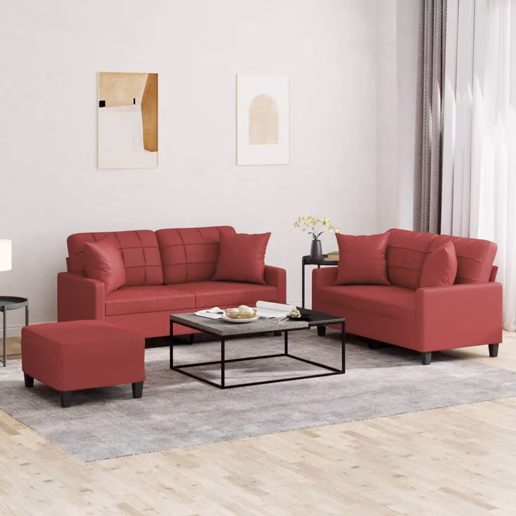 Set di divani 3 pezzi vidaXL in similpelle rossa con pouf e cuscini per soggiorno moderno