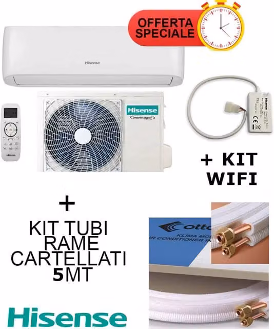 Climatizzatore Hisense Inverter Serie EASY SMART 12000 Btu + Kit Tubi Rame 5MT Cartellati + KIT WIFI CA35YR03G + CA35YR03W R-32