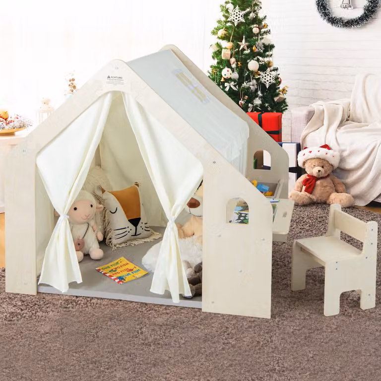 Casetta da gioco in legno Costway 6-in-1 per bambini con lavagna, scrivania e sedia, colore beige