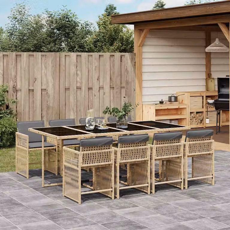 vidaXL Set Pranzo da Giardino 9 pz in Polyrattan con Piano in Vetro e Cuscini Beige e Grigio