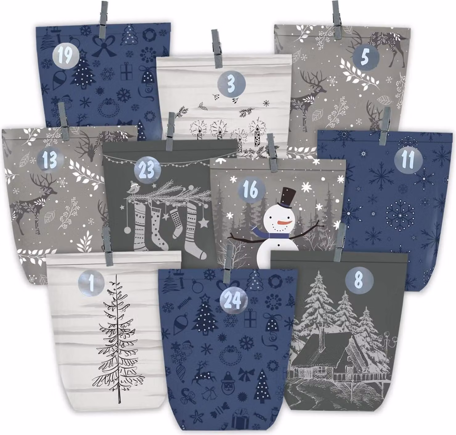 Calendario dell'Avvento da riempire - 24 sacchetti di carta per il calendario di Natale con adesivi - sacchetti regalo fai da te - blu grigio verde