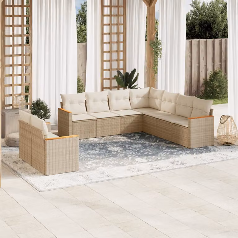 vidaXL Set Divano da Giardino a L 9 pz con Cuscini Beige e Struttura in Metallo e Polyrattan