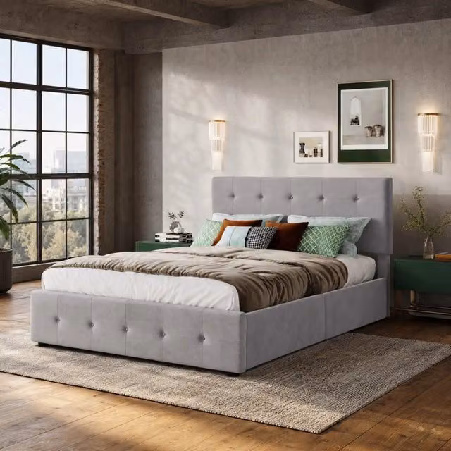 Letto matrimoniale imbottito grigio con quattro cassetti estraibili rete a doghe e struttura in acciaio