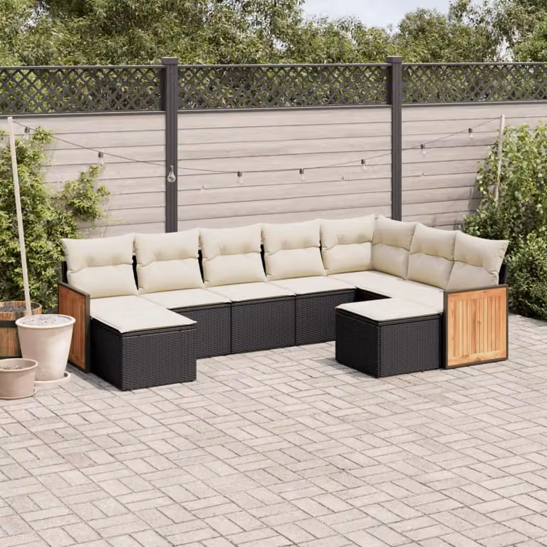 vidaXL Set Divani da Giardino 9 pz in Polyrattan Nero con Cuscini e Struttura in Legno di Acacia