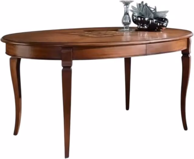 Tavolo ovale allungabile classico in legno con intarsio di faggio, acero e ciliegio, colore marrone, L: 160 cm, P: 110 cm, H: 77 cm - Mobili 2G