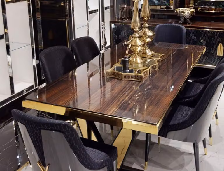 Tavolo da pranzo Casa Padrino marrone scuro/oro 220 x 110 x h. 81 cm - Tavolo da cucina rettangolare in legno massiccio - Mobili per la sala da pranzo - Mobili - Arredi