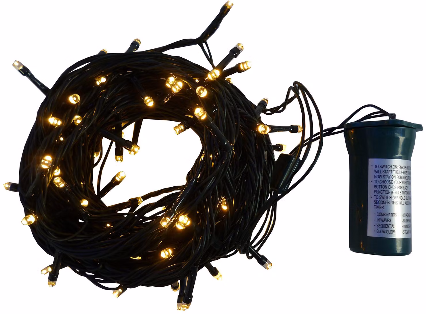 Catena luminosa a LED, 100 LED bianco caldo, 10 metri, con timer, alimentata a batteria