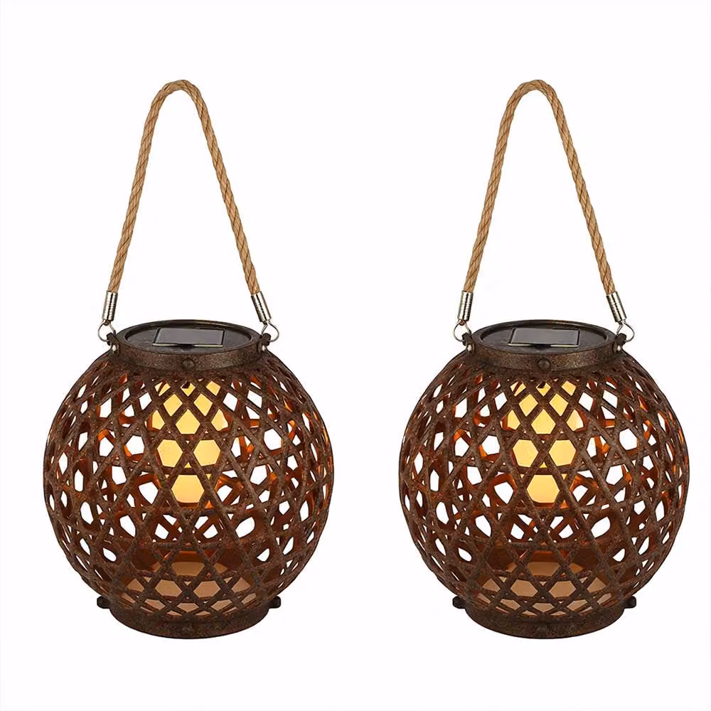 2 lampade solari a LED, forma sferica, effetto fiamma, lanterna, altezza 36 cm