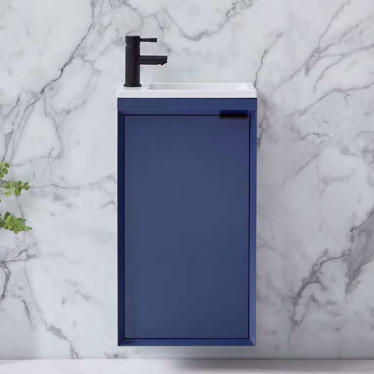 Mobile Bagno Sospeso Blu Marino 400mm con Lavabo e Maniglia con Impugnatura a Dito Nera - Edge