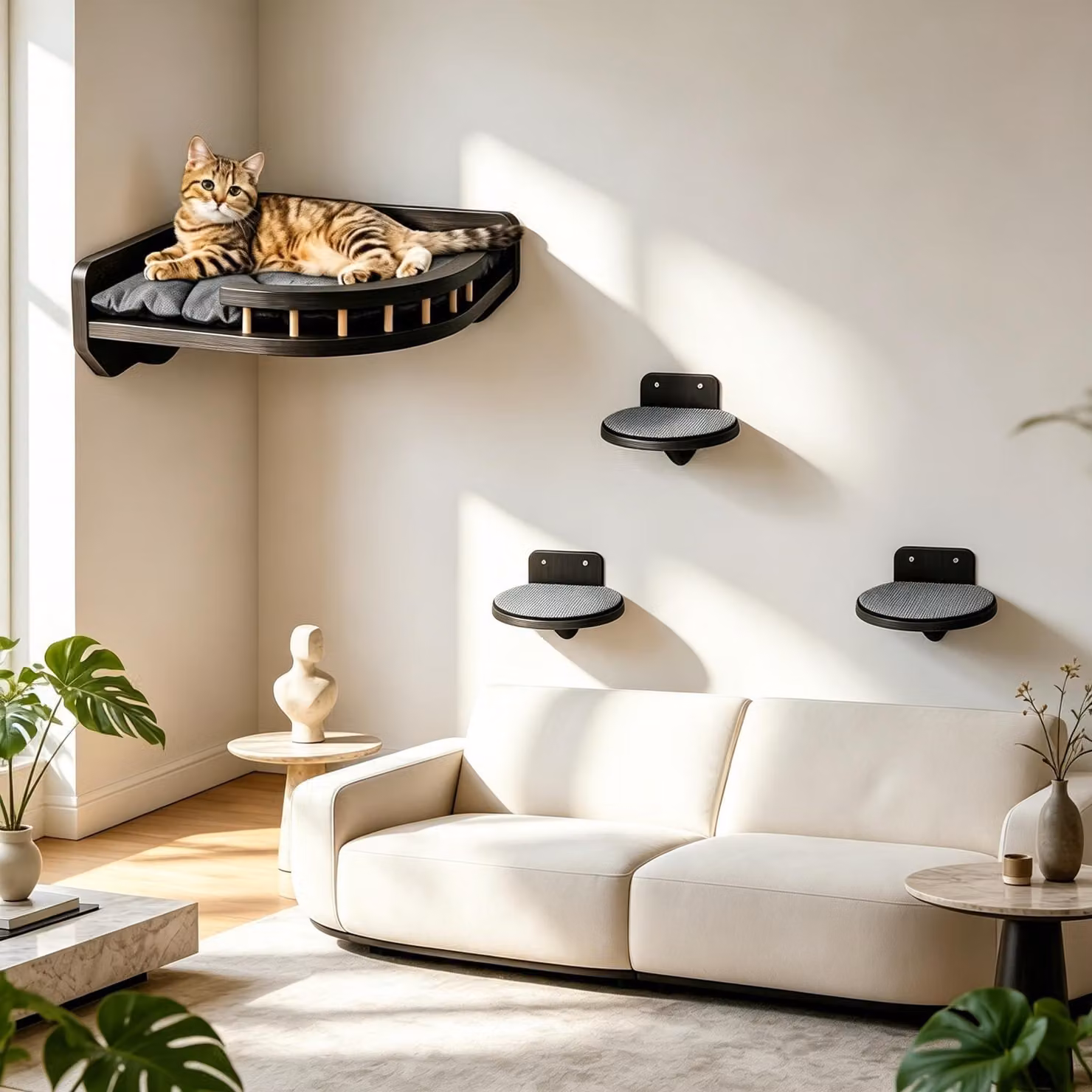 Pareti per gatti con cuccia e tre gradini, realizzate in legno di betulla