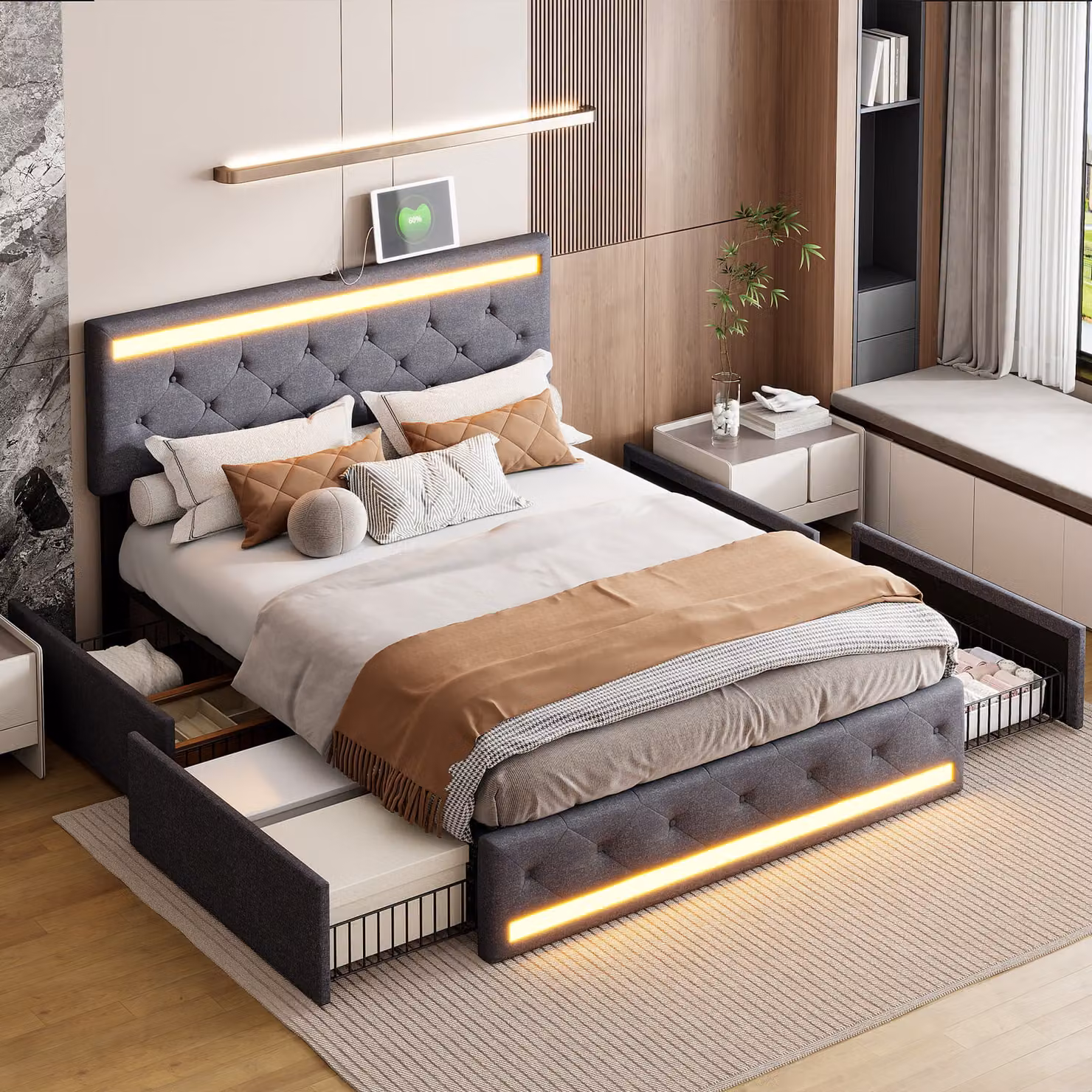 Letto matrimoniale in lino grigio, 140 x 200 cm – LED integrati, porte USB/tipo C, 4 cassetti in metallo