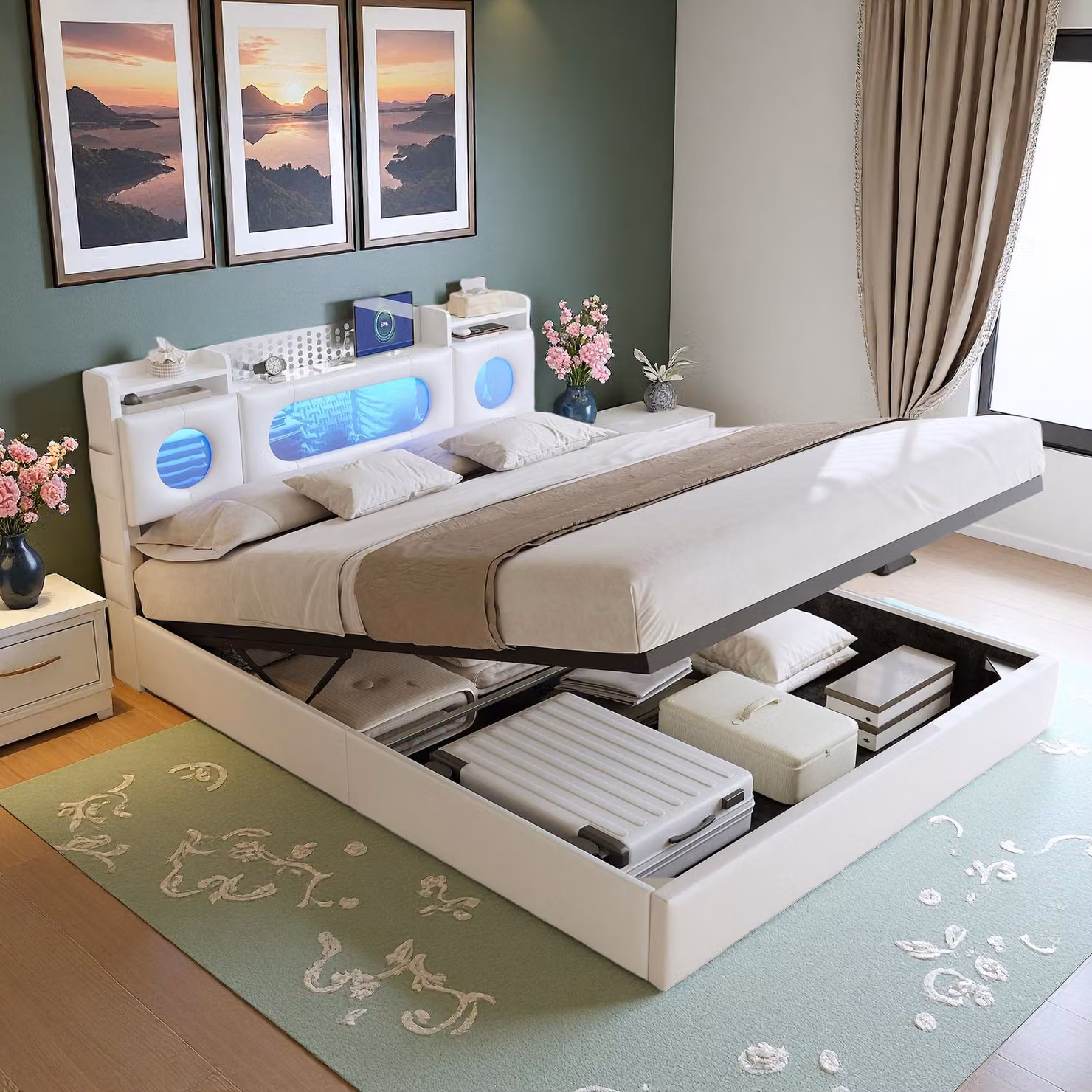 UnboxG Letto imbottito 160x200 cm bianco in Finto cuoio con vano contenitore e molla a gas – testiera LED con ripiano, porta USB e Type-C, letto matrimoniale