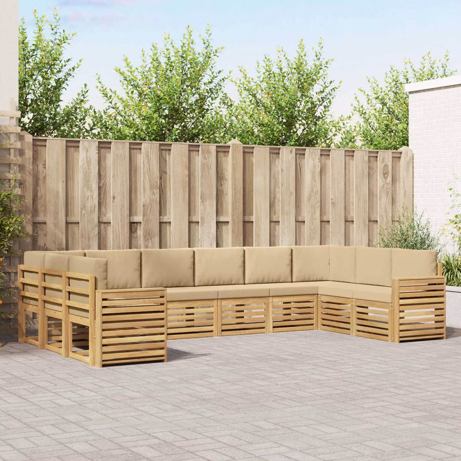 vidaXL Set di divani da esterno a L in legno di acacia con cuscini, Bianco e Beige