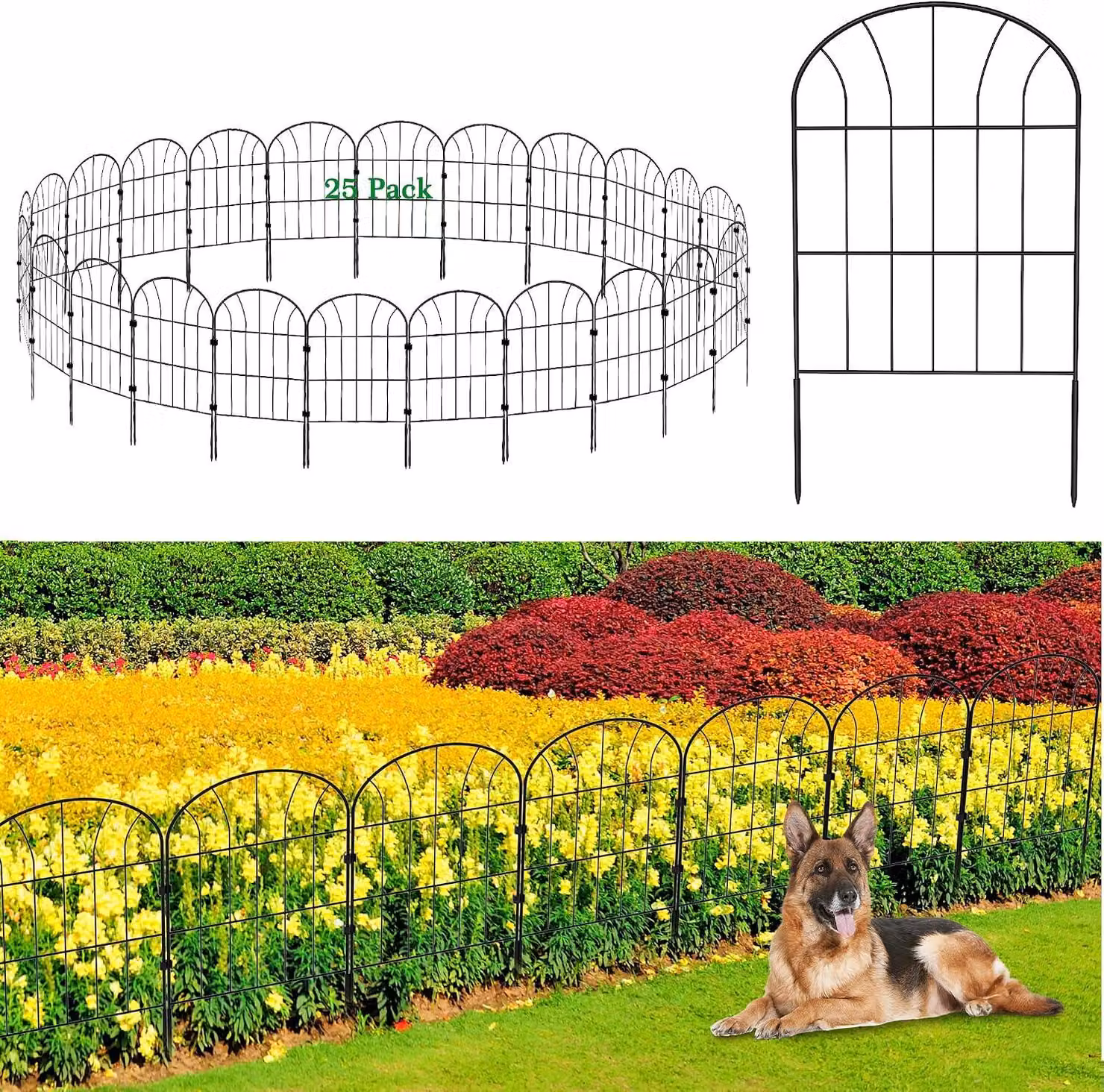 Recinzione in metallo per giardino, altezza 60 cm, larghezza 33 cm, 25 pannelli, lunghezza totale 8,25 metri