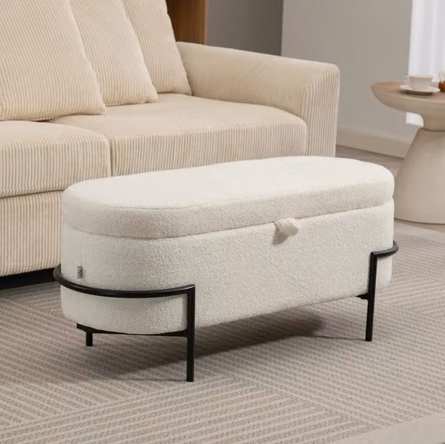 Panca contenitore ULEVR 114,5x40x48 cm con vano da 69 L, seduta imbottita in poliestere color crema