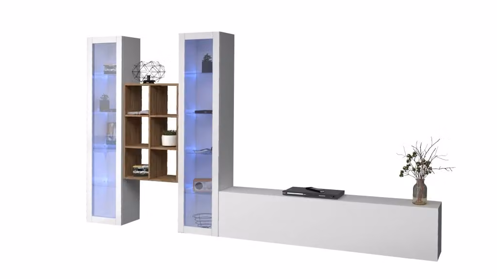 Parete attrezzata sospesa Yves WH bianca con 2 vetrine e illuminazione integrata per il tuo soggiorno – 2