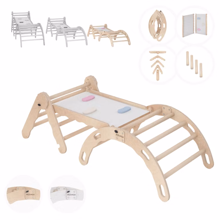 MAMOI® Set struttura di arrampicata per interni, triangolo di arrampicata con scivolo in legno, arco di arrampicata, arrampicata per bambini, altalena arcobaleno con tavola di scorrimento, arco in legno