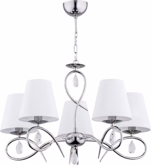 Lampadario a sospensione Alfa cromato con paralumi in vetro bianco e cristalli trasparenti, dimmabile, 5xE14