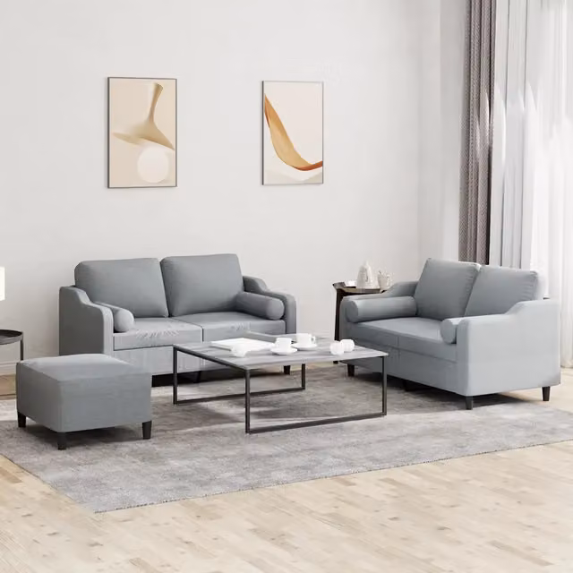 Set di divani da soggiorno 3 pezzi vidaXL in tessuto grigio con cuscini e struttura in metallo e MDF – 1
