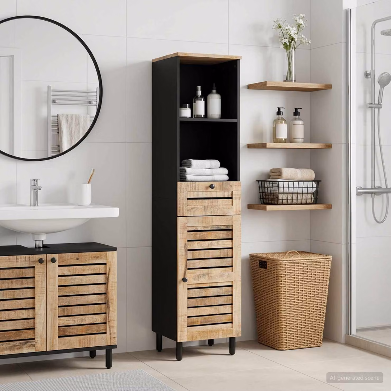 Mobile da bagno moderno vidaXL in legno di mango con ante e cassetti, Marrone e Nero, L: 38 cm, P: 33,5 cm, H: 160 cm