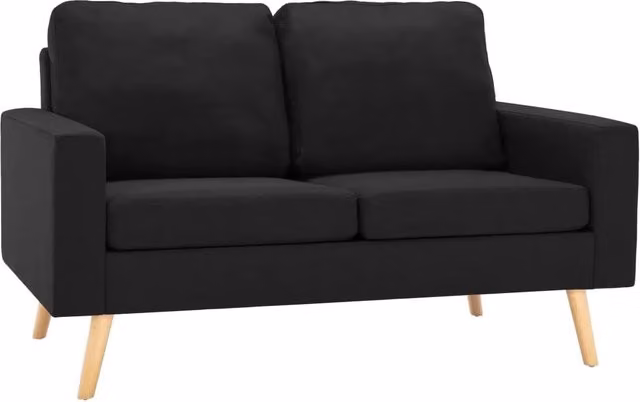 Set di divani moderno in tessuto nero composto da un divano a 2 posti e una poltrona con struttura in legno massiccio e cuscini inclusi – 1