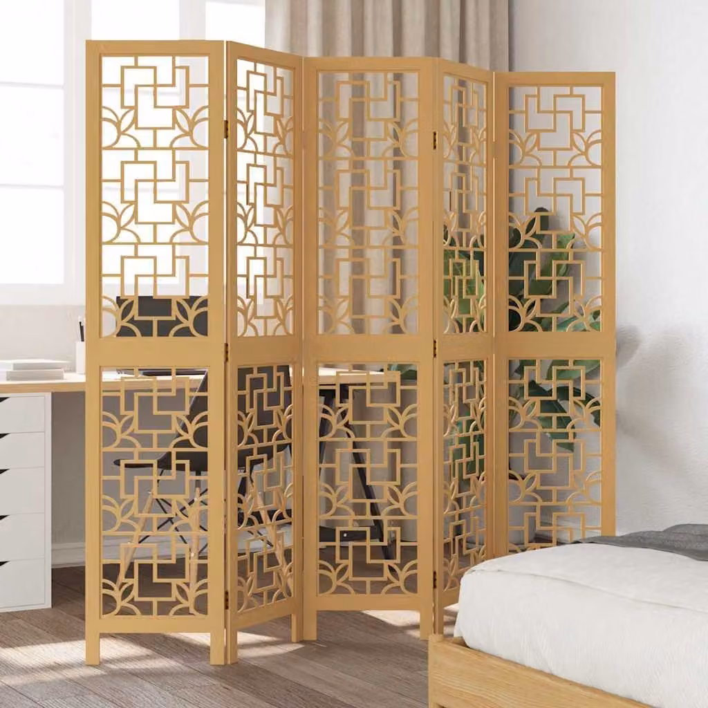 Divisorio Ambienti vidaXL con 5 Pannelli in Legno Massello di Paulownia Marrone e Beige con Design Geometrico Orientale H: 180 cm