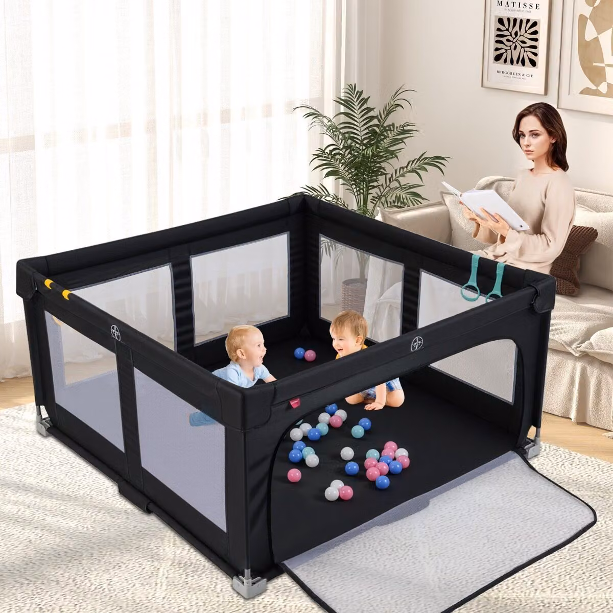 Set di 2 pezzi Costway composto da recinto pieghevole e tappetino da gioco in schiuma per bambini, colore blu e nero