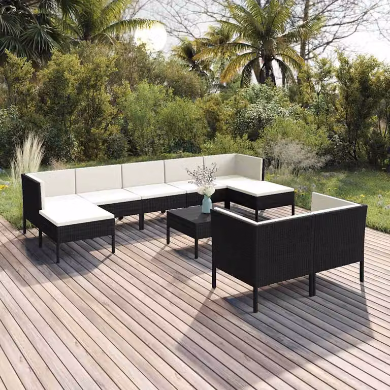 Set Divani da Giardino vidaXL 10 Pezzi in Polyrattan con Cuscini e Tavolino da Esterno, Design Moderno a Forma di U, Colore Nero e Bianco