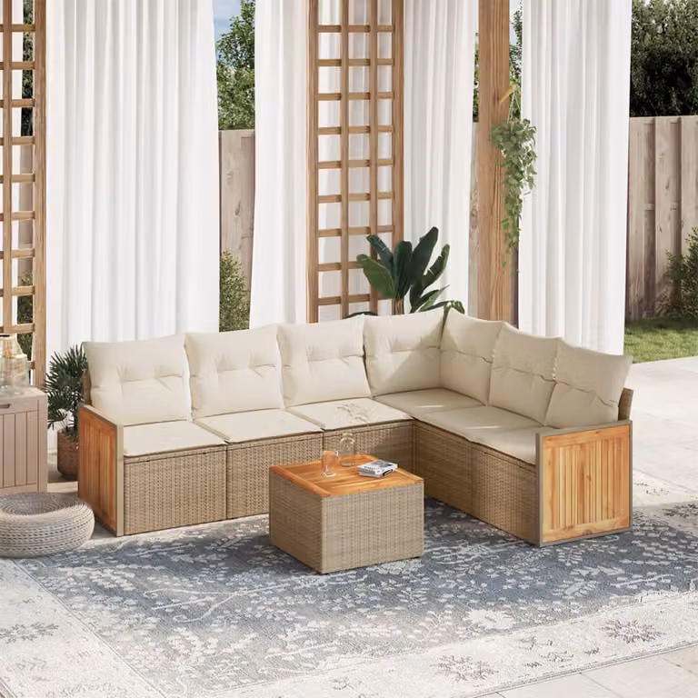 Set di divani da giardino vidaXL in polyrattan beige con cuscini e tavolino da esterno a forma di L