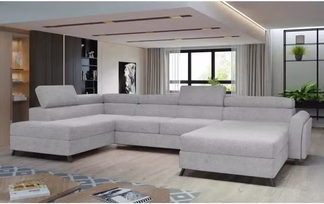 Divano panoramico a U Meublorama Clotis Grigio con funzione letto, poggiatesta regolabile e pouf coordinato, angolo sinistro