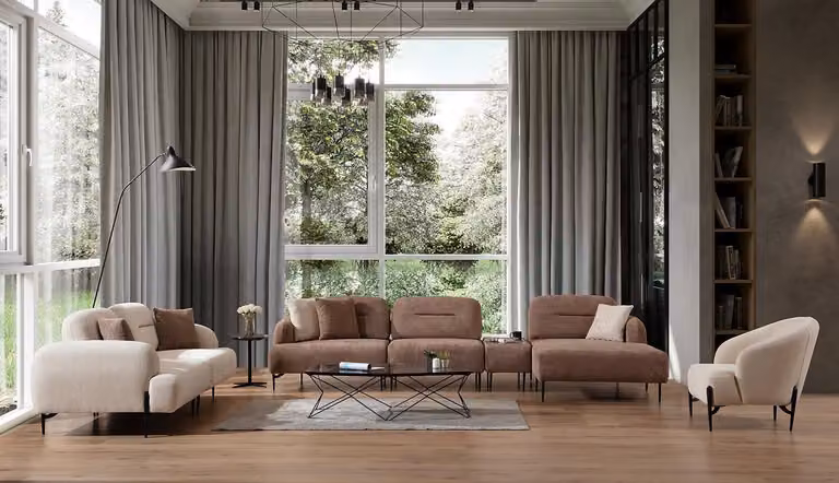 Moderne Braun-Weiße Sofagarnitur 3 Sitzer Stoffsessel L-Form Ecksofa
