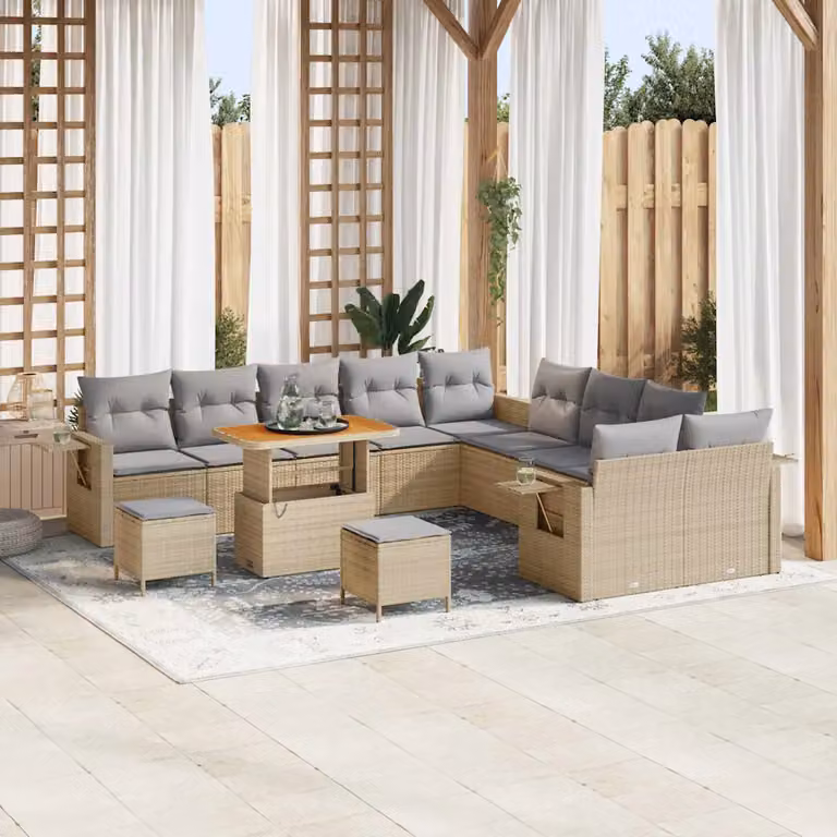 Set Divano da Giardino vidaXL 13 pz a forma di U in Polyrattan Beige con Cuscini e Tavolino da Esterno