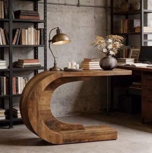 Consolle ULEVR 110x35x75 cm a forma di C, tavolo da ingresso in legno marrone rustico