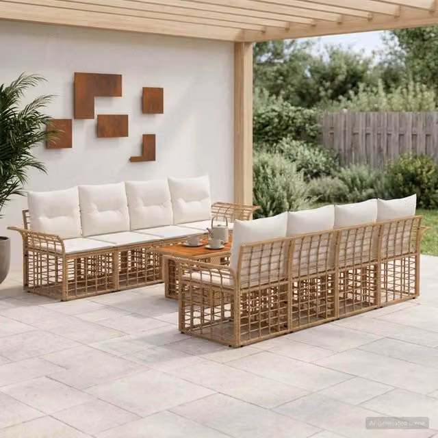 Set Divano da Giardino 9 pz Naturale e Bianco Crema polyrattan 3437958