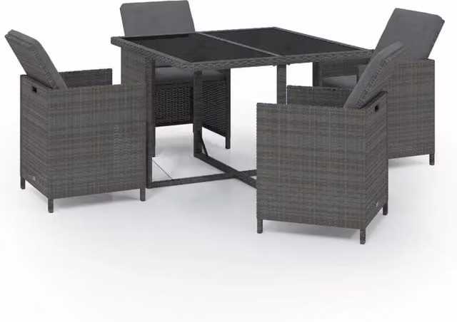 Set da Pranzo da Giardino 5 pz in Polyrattan Grigio con Tavolo in Vetro e Cuscini