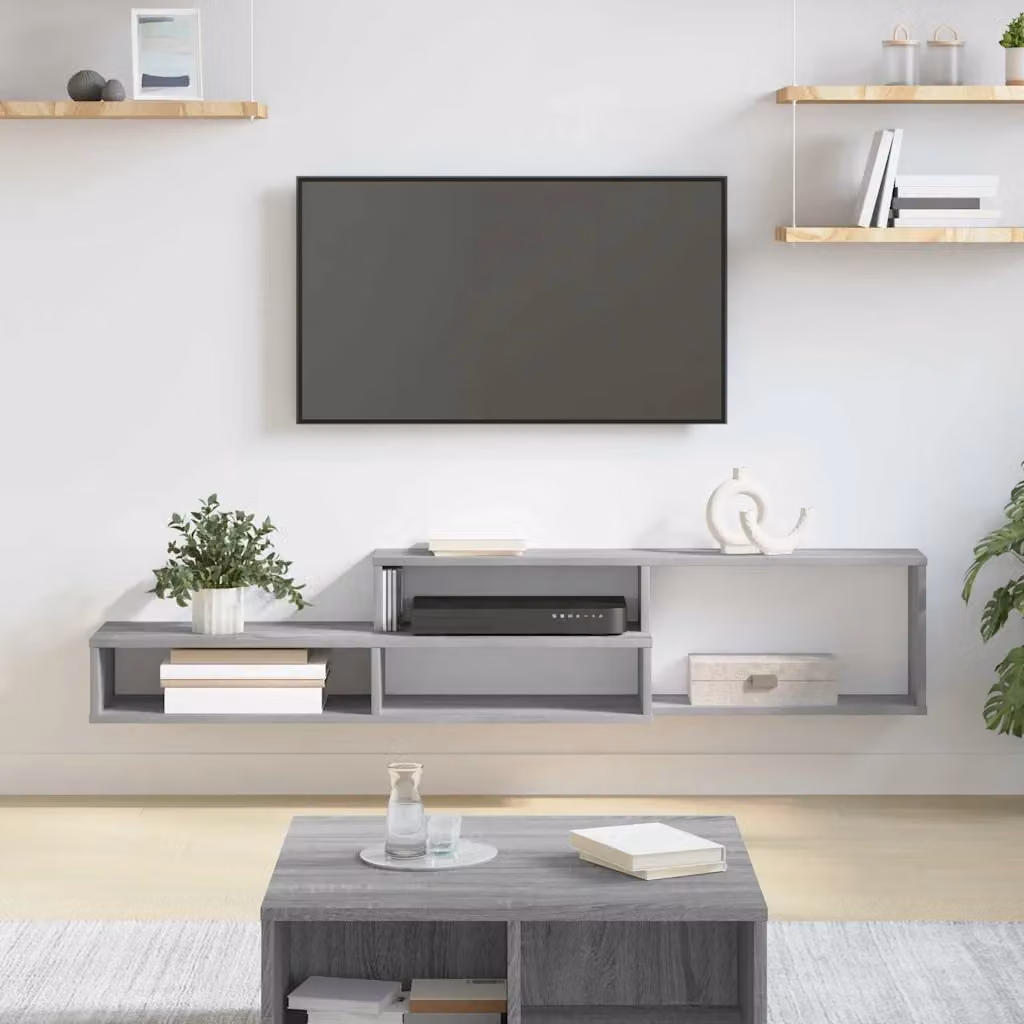 Supporto TV da parete moderno vidaXL in legno ingegnerizzato grigio L: 150 cm, P: 25 cm, H: 28,5 cm