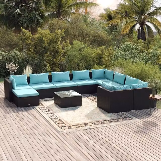 Set di Divani da Giardino a Forma di U vidaXL in Polyrattan Nero con Cuscini Blu e Tavolino da Esterno – 1