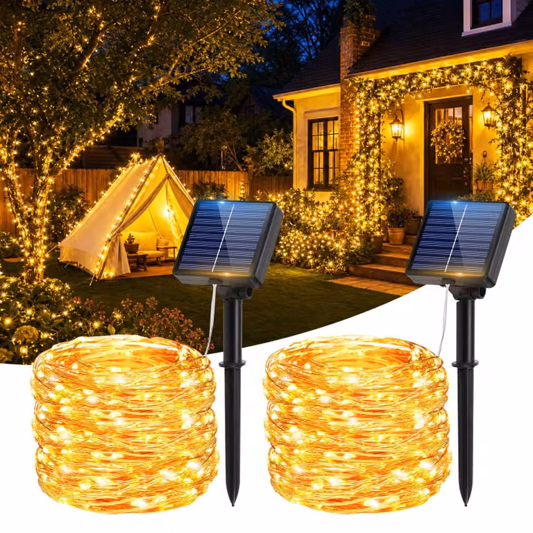 Catena luminosa solare, 34 metri, 150 LED, grado di protezione IP65, 8 modalità, luce bianco caldo