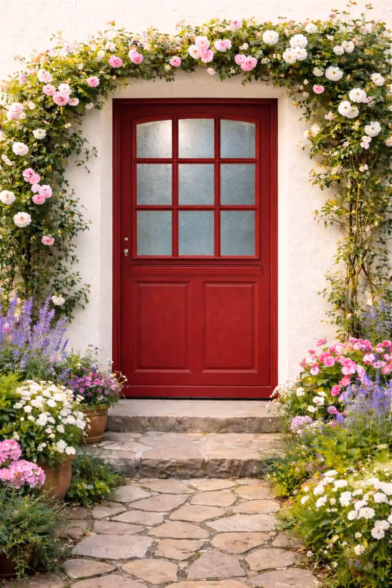 Porta d'ingresso in legno con vetrata Alize Rosso Porpora, H.215xL.90 cm, lato tavolo P. dritto, GD MENUISERIES
