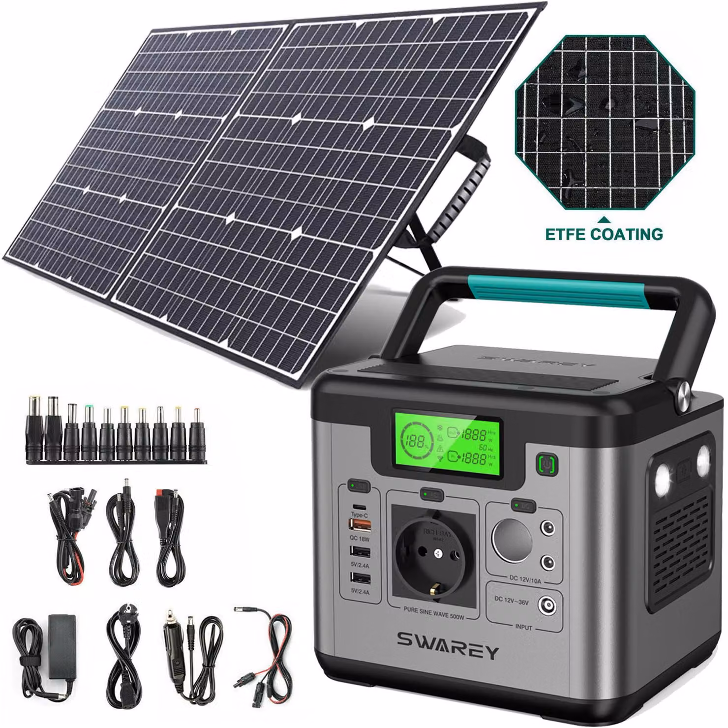 SWAREY S500 Stazione di alimentazione portatile 518Wh/144000mAh Generatore di energia solare con pannelli solari da 100W Sistemi di alimentazione solare Caricabatterie a celle solari Caricabatterie a scatola solare Powerbank Type-C/USB per l'alimentazione