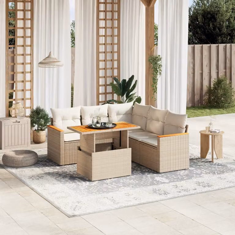 Set Divano da Giardino vidaXL 6 pz in Polyrattan Beige con Cuscini e Tavolino
