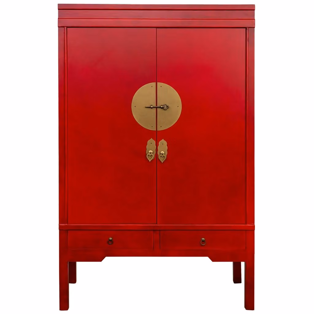 Armadio Wanderlust Deco in legno e MDF con 2 ante e 4 cassetti interni, stile orientale, colore rosso e oro, L: 63 cm, P: 26 cm, H: 100 cm – 2
