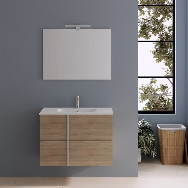 Mobile da bagno sospeso 100cm grigio sabbiato con lavabo e specchio | Hoia