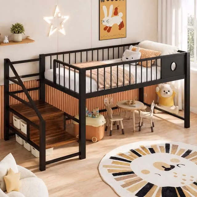 Letto a soppalco basso 90 x 200 cm in metallo con scaletta contenitore; nero