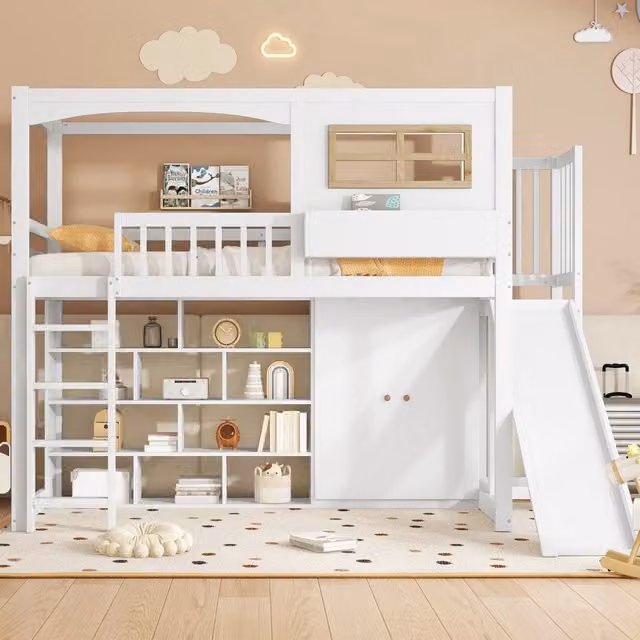 Letto a castello bianco e naturale in pino, MDF e compensato 90×200 cm con scivolo, armadio, scala a 4 gradini e molto spazio, senza materassi