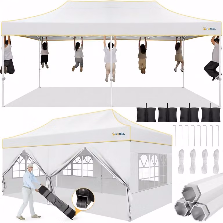 Gazebo da esterno 3x6 metri, impermeabile, con struttura esagonale stabile, trattamento anti-UV, 6 pannelli laterali, colore bianco
